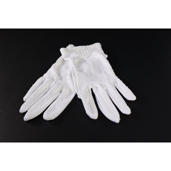 Vintage white beaded short gloves size 7, vintage wedding bridal gloves Nylon - Picture 5 of 9